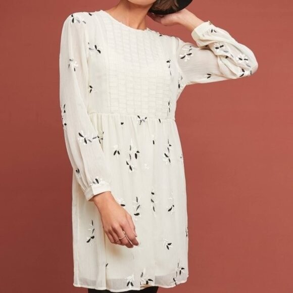 Feather Bone Anthropologie Feuille Embroidered Tunic Dress Ivory Sz 0 PETITE - Picture 1 of 13